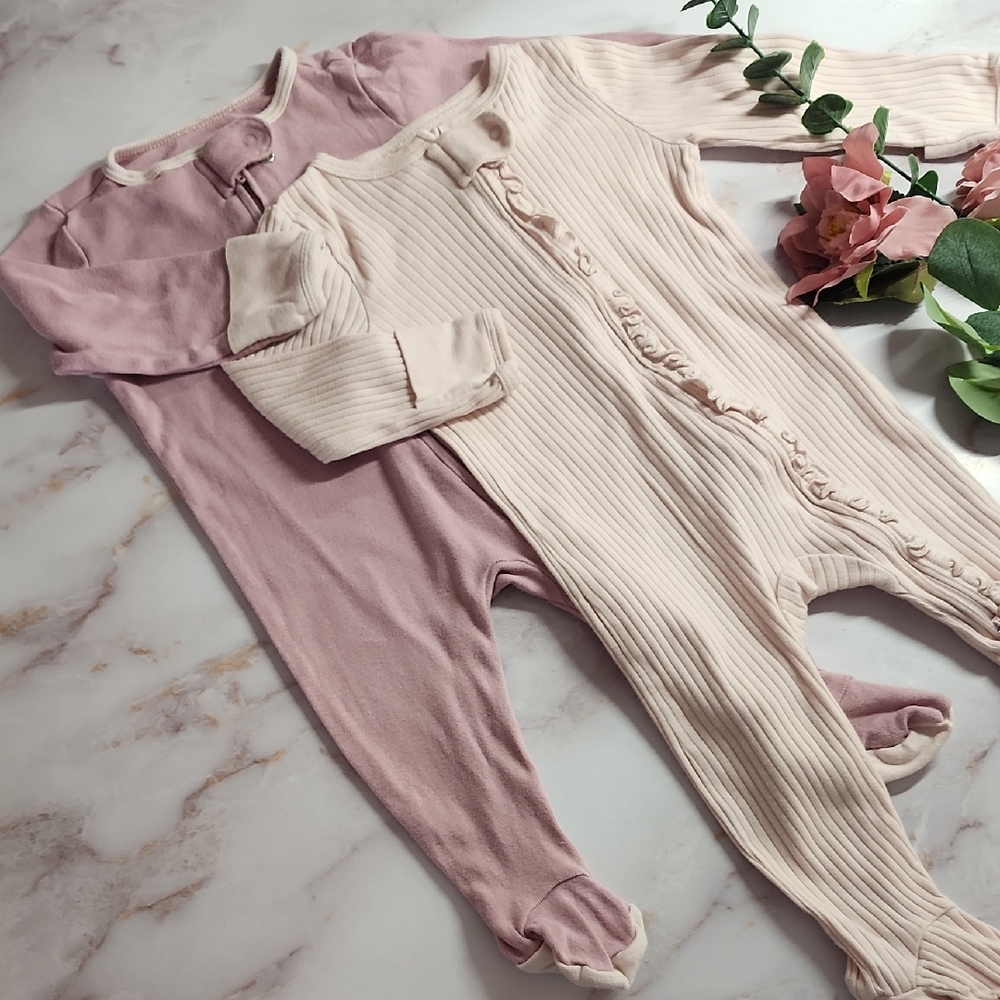 Cloud Island Dusty Pink and Pale Pink Baby Girl Footed Playsuits / Pajamas